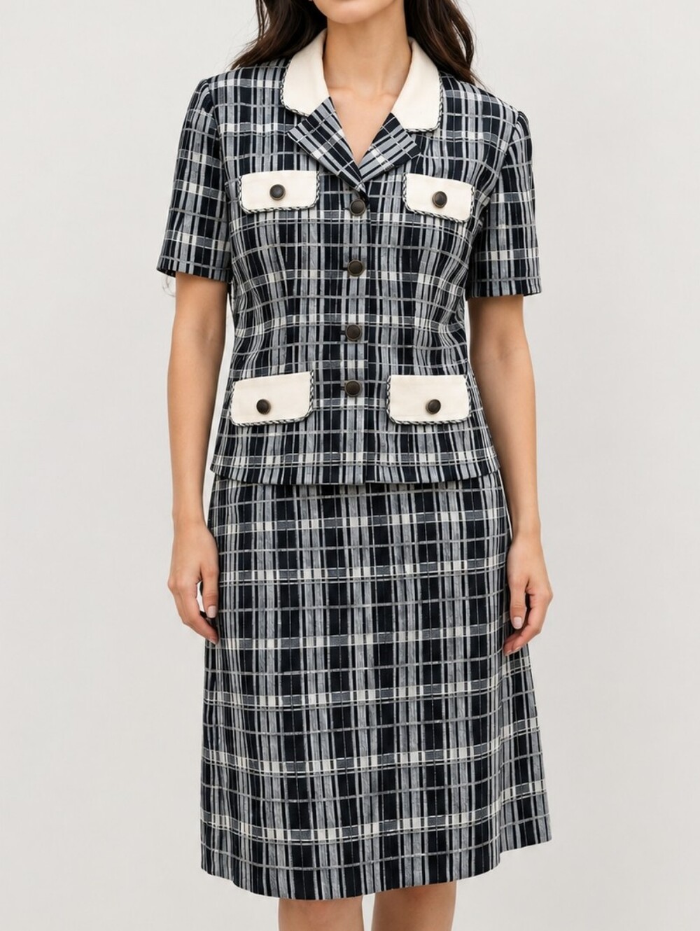 Michael Phillips Vintage Plaid Skirt Suit Set Size 7 Black White Career